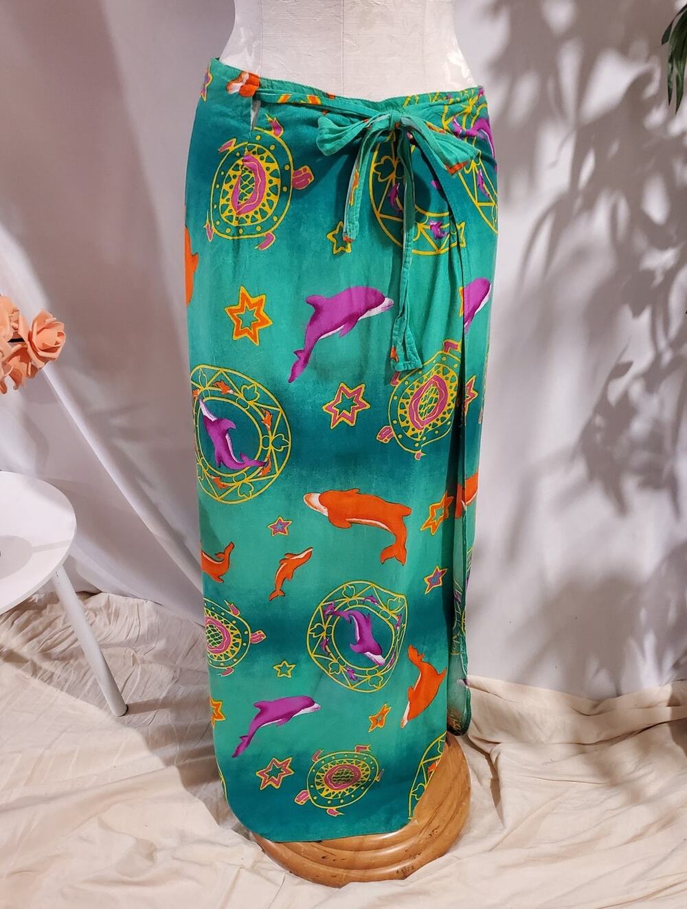 Vtg Venus Dolphin Star Celestial Print Wrap Sarong Skirt One Size 90s Y2K Beach